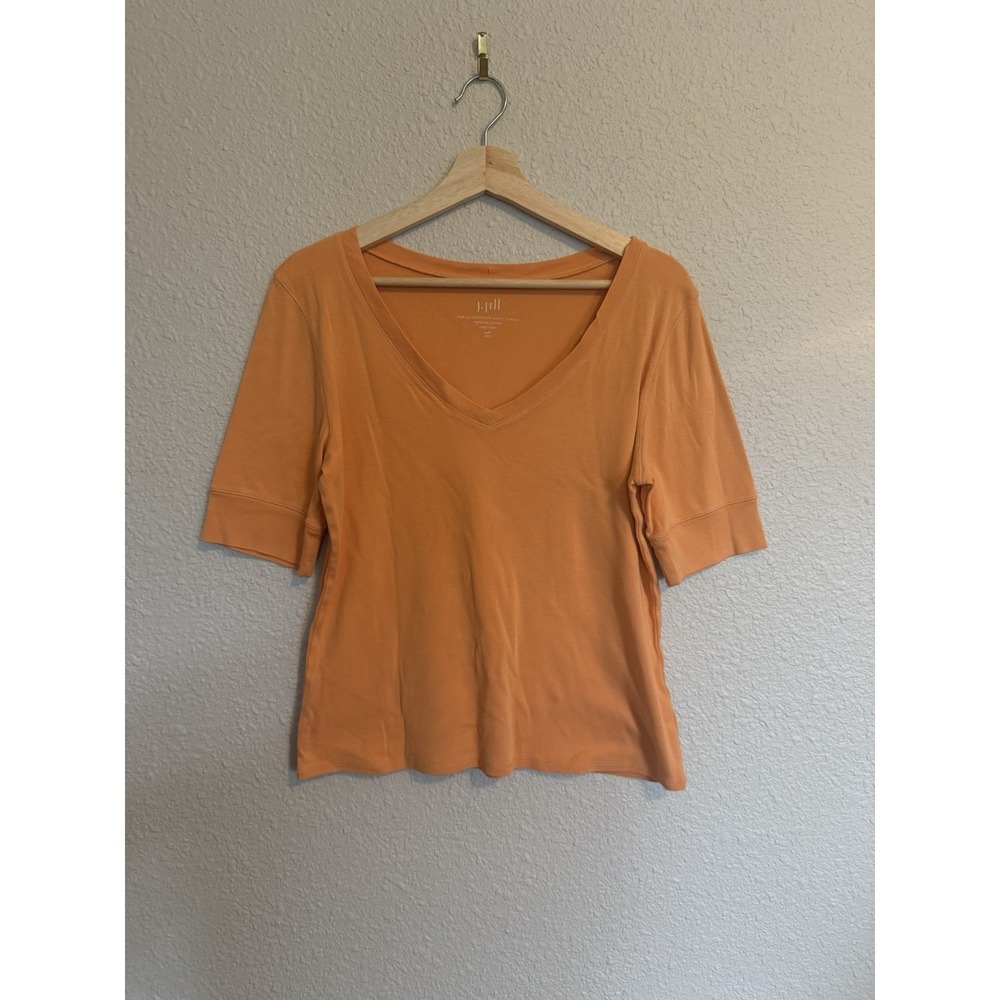 J. Jill Shirt Size Medium Petite Pima V Neck Tee Elbow Sleeve Knit Top Orange